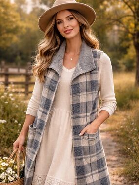 Papa Vancouver  Plaid Knit Sleeveless Cardigan - Gray & Cream